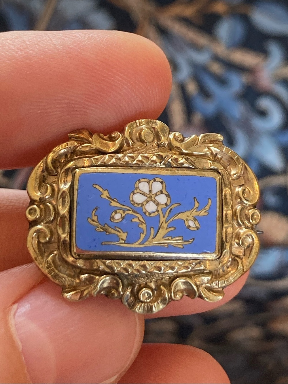 Antique Georgian/Early Victorian Blue Enamel Ornate Rococo Frame Brooch